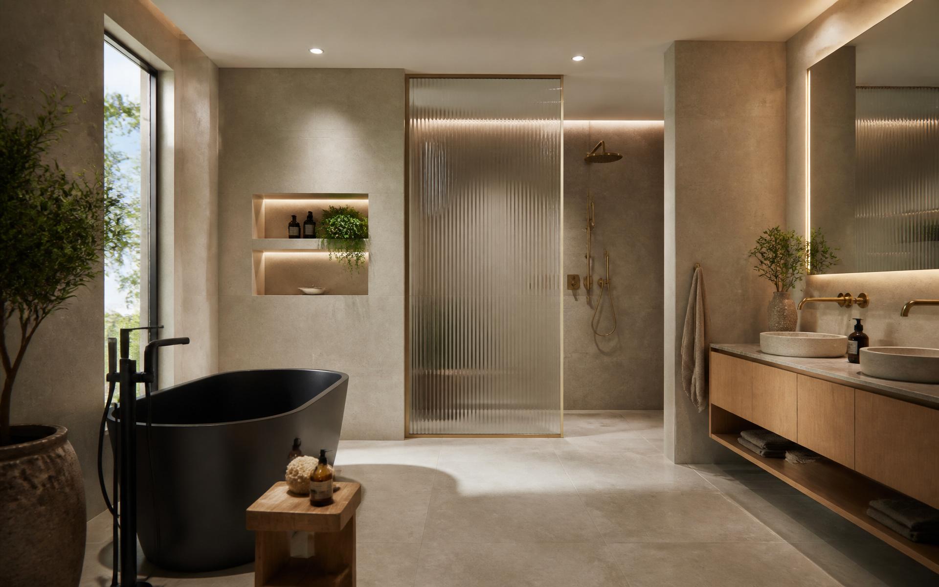 Luxury modern bathroom with fluted glass shower, brushed brass fittings and stone-effect tiling