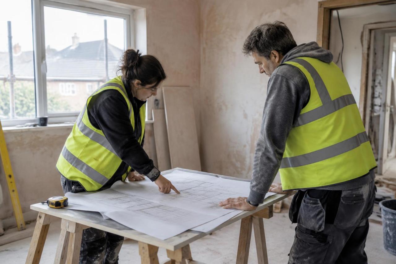 Illustrative image of two tradespeople reviewing floor plans in a UK property under renovation